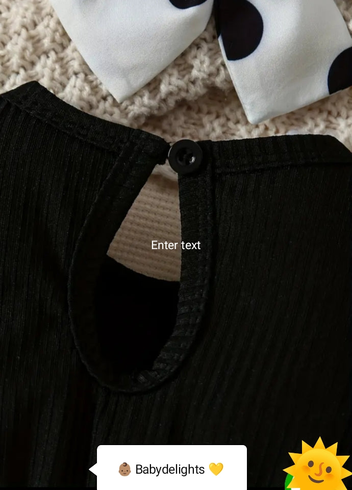 Adorable Baby Girls' Black & White Polka Dot Romper with Headband - Cute Character Design