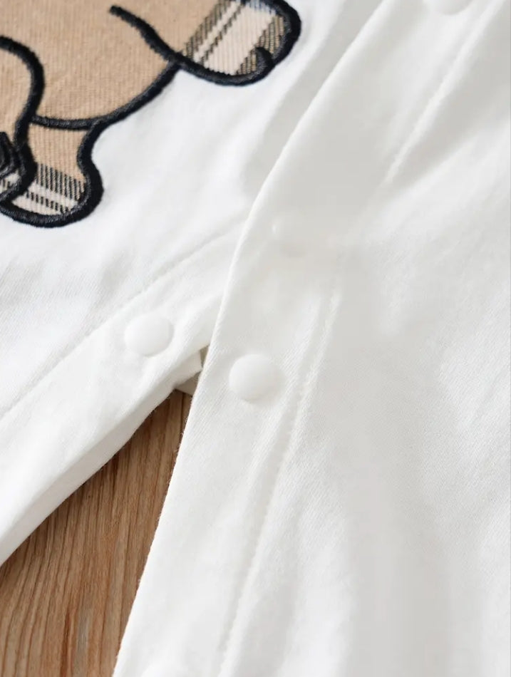 Stylish Baby Boy Plaid & Bear Appliqué Long Sleeve Romper with Bow Tie - Newborn & Infant Gentleman Jumpsuit