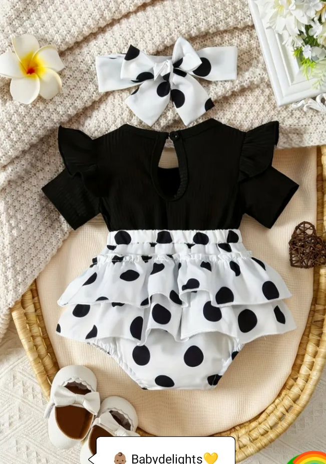 Adorable Baby Girls' Black & White Polka Dot Romper with Headband - Cute Character Design