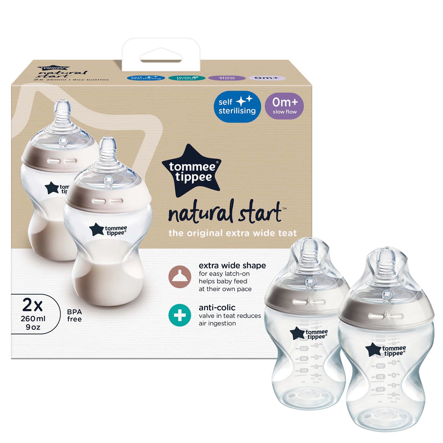 Natural Start 260ml Self Sterilizing Bottle In Pack size 2 Pack and Colour Clear
