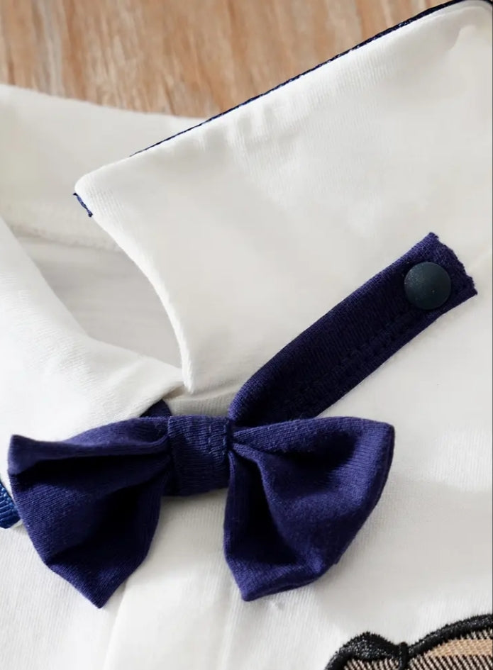 Stylish Baby Boy Plaid & Bear Appliqué Long Sleeve Romper with Bow Tie - Newborn & Infant Gentleman Jumpsuit