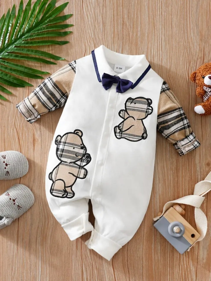 Stylish Baby Boy Plaid & Bear Appliqué Long Sleeve Romper with Bow Tie - Newborn & Infant Gentleman Jumpsuit