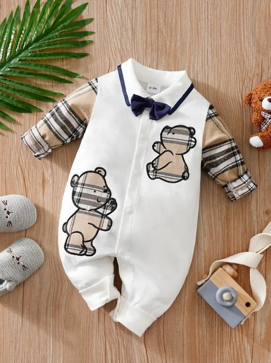 Stylish Baby Boy Plaid & Bear Appliqué Long Sleeve Romper with Bow Tie - Newborn & Infant Gentleman Jumpsuit