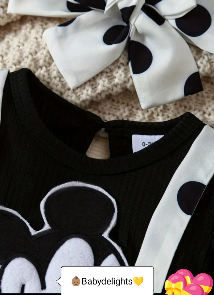 Adorable Baby Girls' Black & White Polka Dot Romper with Headband - Cute Character Design