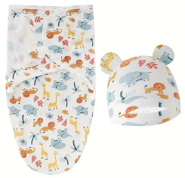 Newborn  Baby Swaddle Blanket & Beanie Set - Soft & Breathable Infant Wrap with Matching Hat