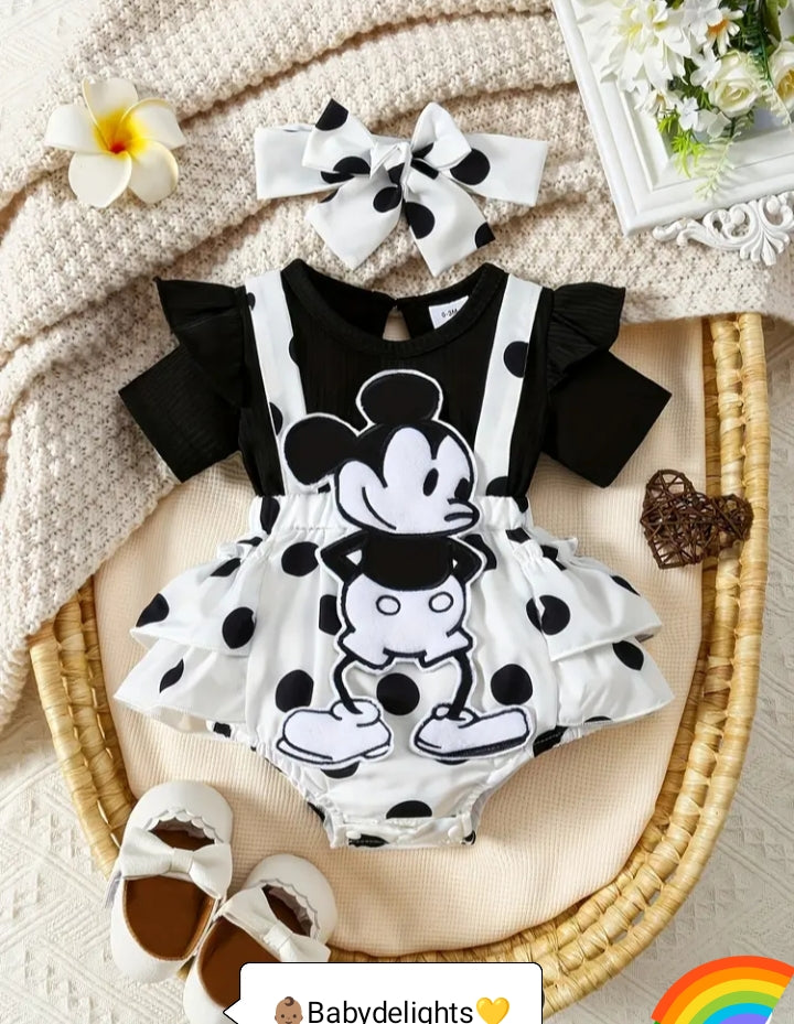 Adorable Baby Girls' Black & White Polka Dot Romper with Headband - Cute Character Design