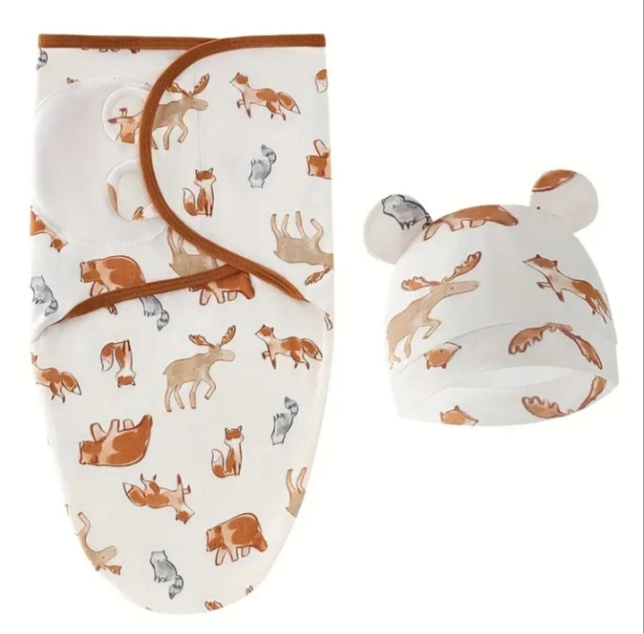 Newborn  Baby Swaddle Blanket & Beanie Set - Soft & Breathable Infant Wrap with Matching Hat