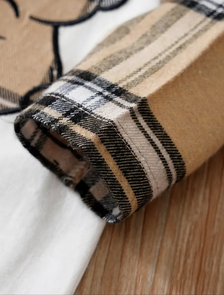 Stylish Baby Boy Plaid & Bear Appliqué Long Sleeve Romper with Bow Tie - Newborn & Infant Gentleman Jumpsuit