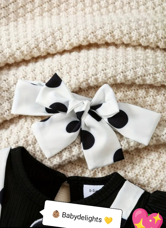 Adorable Baby Girls' Black & White Polka Dot Romper with Headband - Cute Character Design