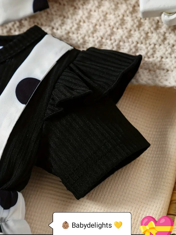 Adorable Baby Girls' Black & White Polka Dot Romper with Headband - Cute Character Design