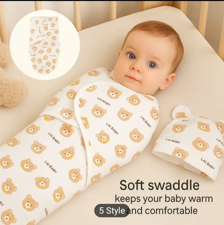 Newborn  Baby Swaddle Blanket & Beanie Set - Soft & Breathable Infant Wrap with Matching Hat