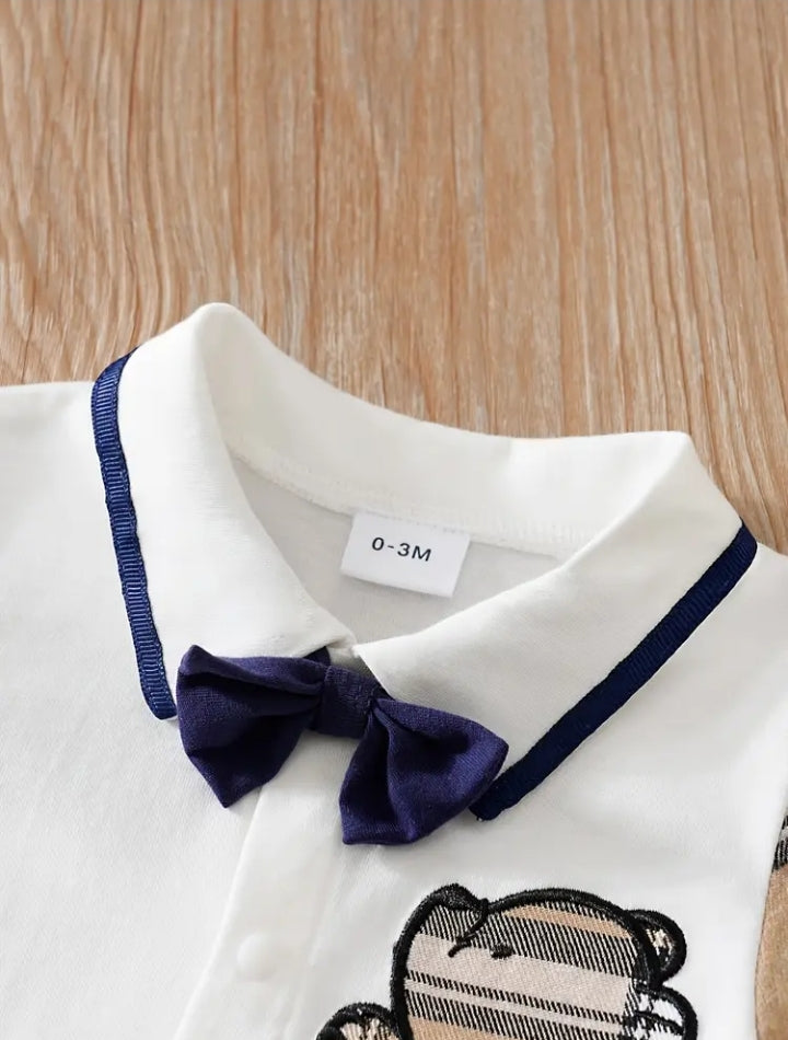 Stylish Baby Boy Plaid & Bear Appliqué Long Sleeve Romper with Bow Tie - Newborn & Infant Gentleman Jumpsuit